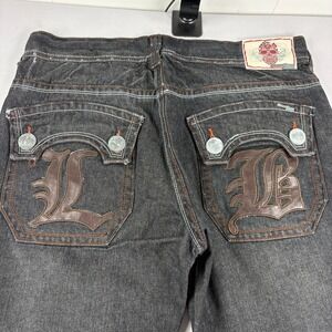 Laguna Beach Jeans Mens 34x34 Black Skull Baggy Leather Embroidered